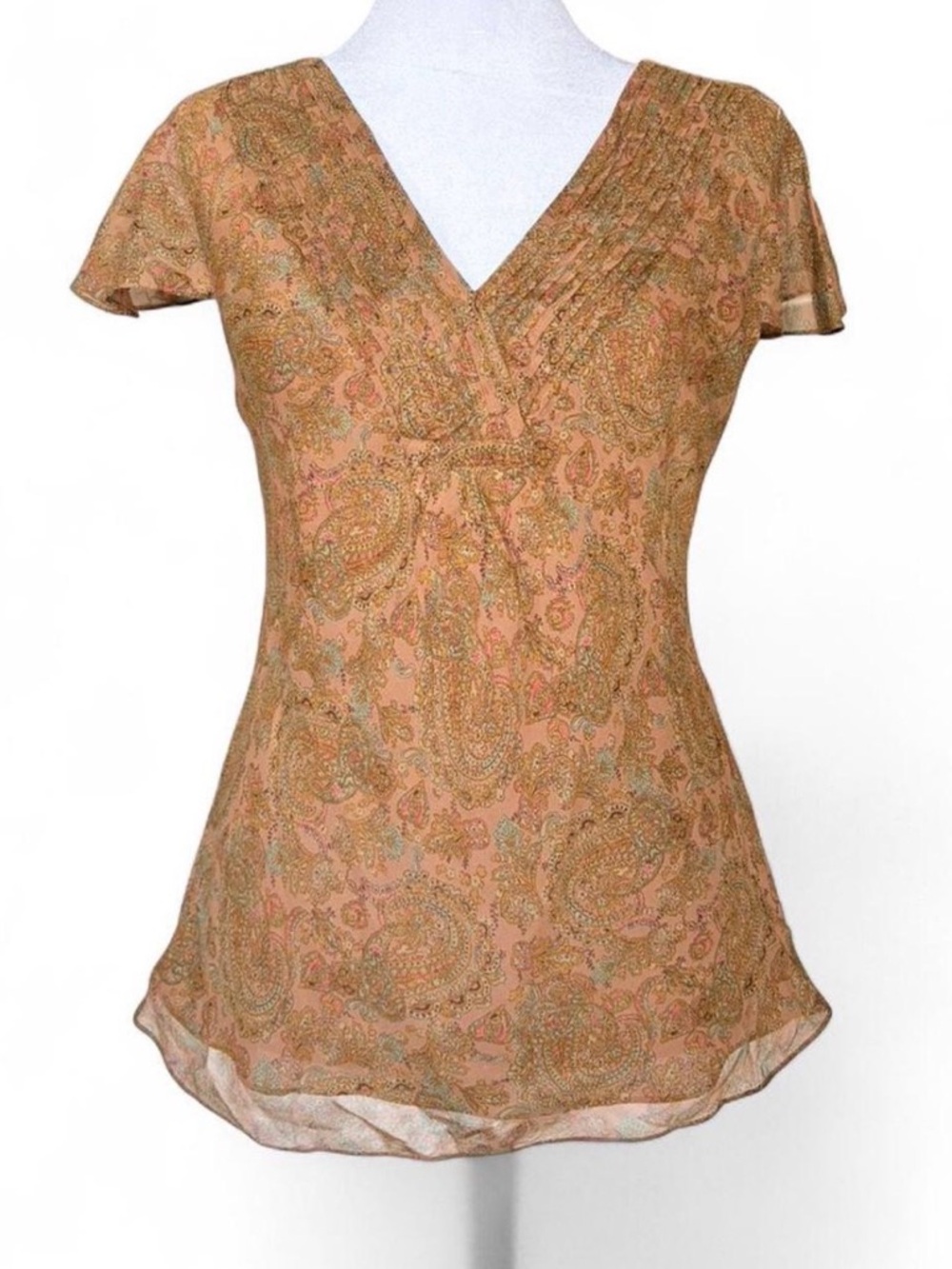 Charter Club Peach 100% Silk Paisley Pintuck V-Neck Blouse